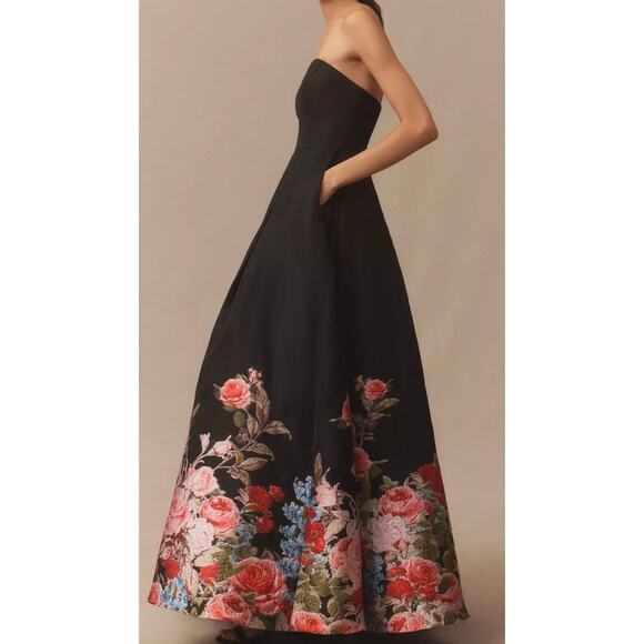 Mac Duggal Black Floral Brocade Bottom Strapless Maxi Dress Sz 2 - Picture 3 of 12